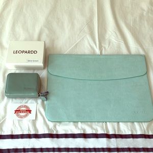 Laptop case & Leopardd mint green RFID wallet.